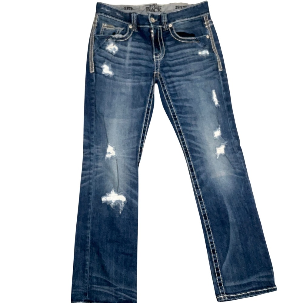Buckle Black Jeans Mens 29x30 Blue Distressed Rock Y2K Straight Thick Stitch